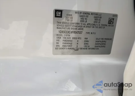 2015 Chevrolet Tahoe Ltz z USA, uszkodzony, nr VIN 1GNSCCKC4FR647537